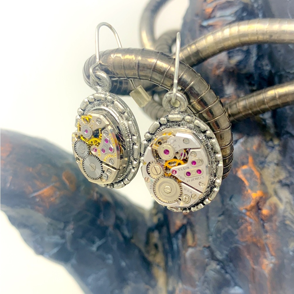 Artisan Steampunk Silver/Gold/Ruby Jewels/Watch Movement Oval Dangle Earrings